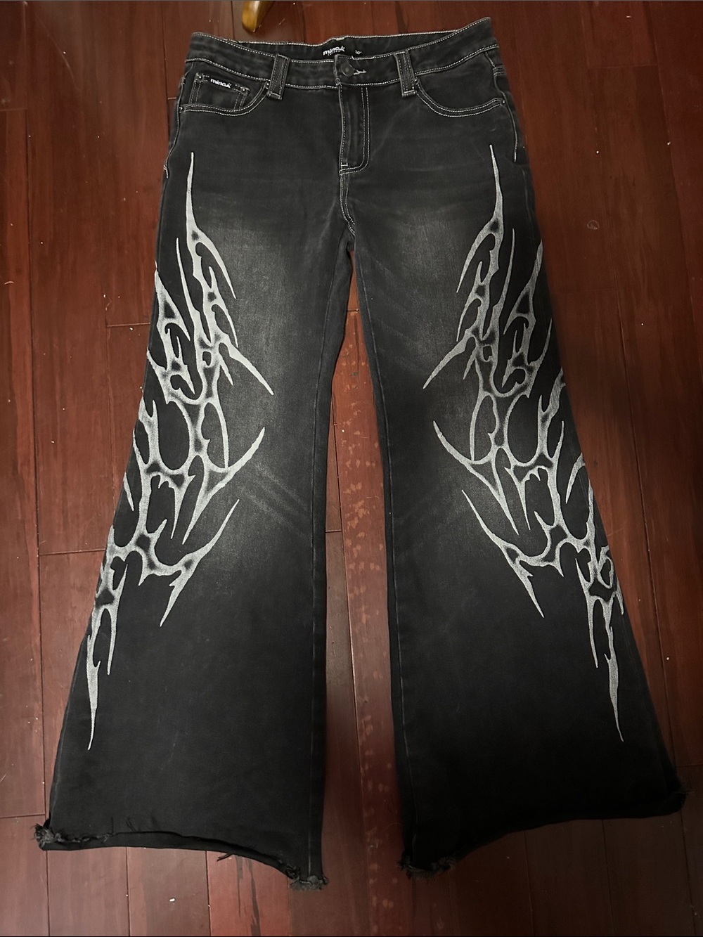 Minga London Fallen Angel Flared Jeans  Washed Black Tribal Sigilism Size 30 EUC